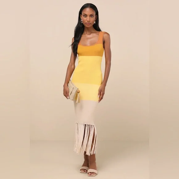 Lulus Delfi Yellow Color Block Fringe Sweater Midi Dress - Picture 2 of 11